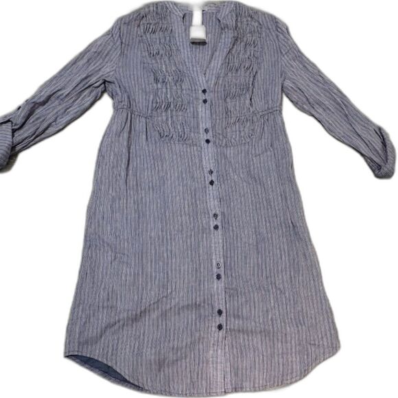 NWT Delia’s Dress M Blue Stripe Cotton Button Up 3/4 Roll Tab Sleeves Y2K Casual - Picture 4 of 6